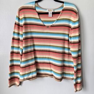 Talbots V-Neck Multicolor Striped Top Long Sleeve Size XL